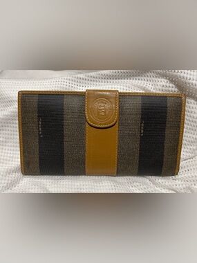 Vintage Fendi Pequin Stripe Canvas Leather Wallet - Black & Brown